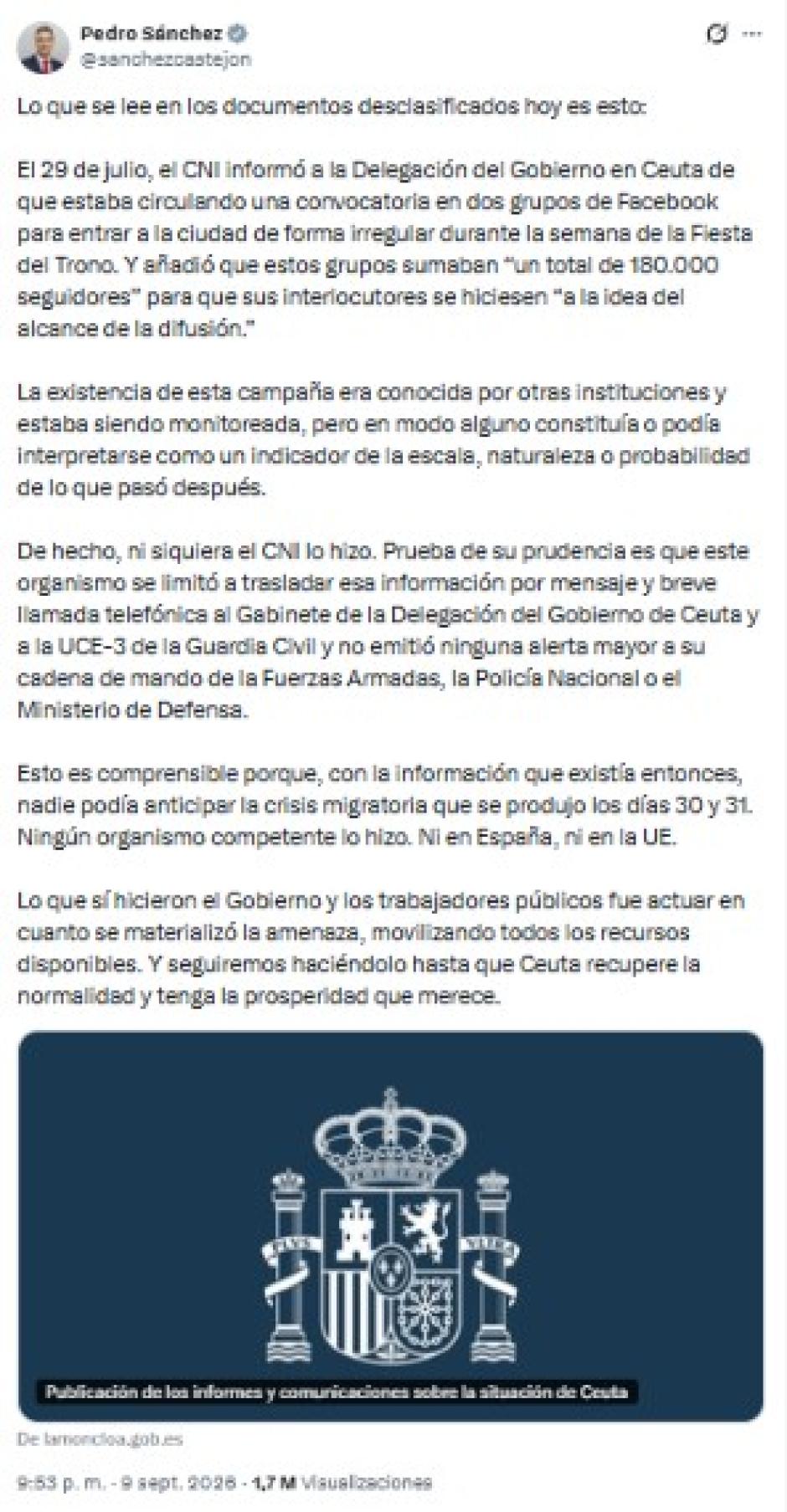 Mensaje de Pedro Sánchez en la red social X