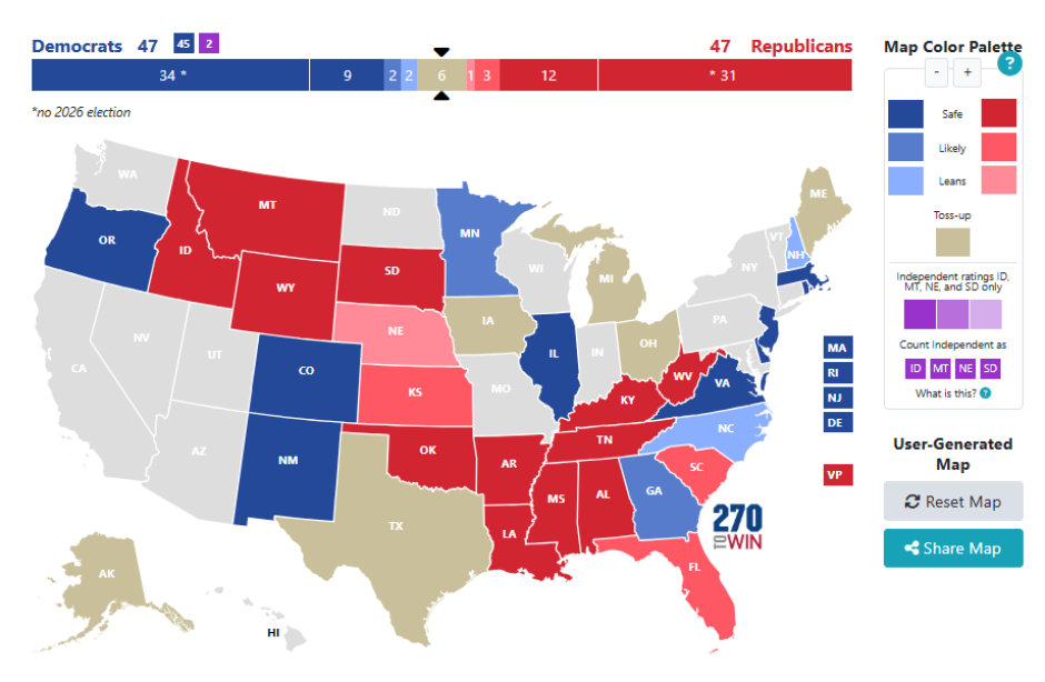 Mapa de los estados que este año eligen senadores en EE.UU. con proyección de las encuestas