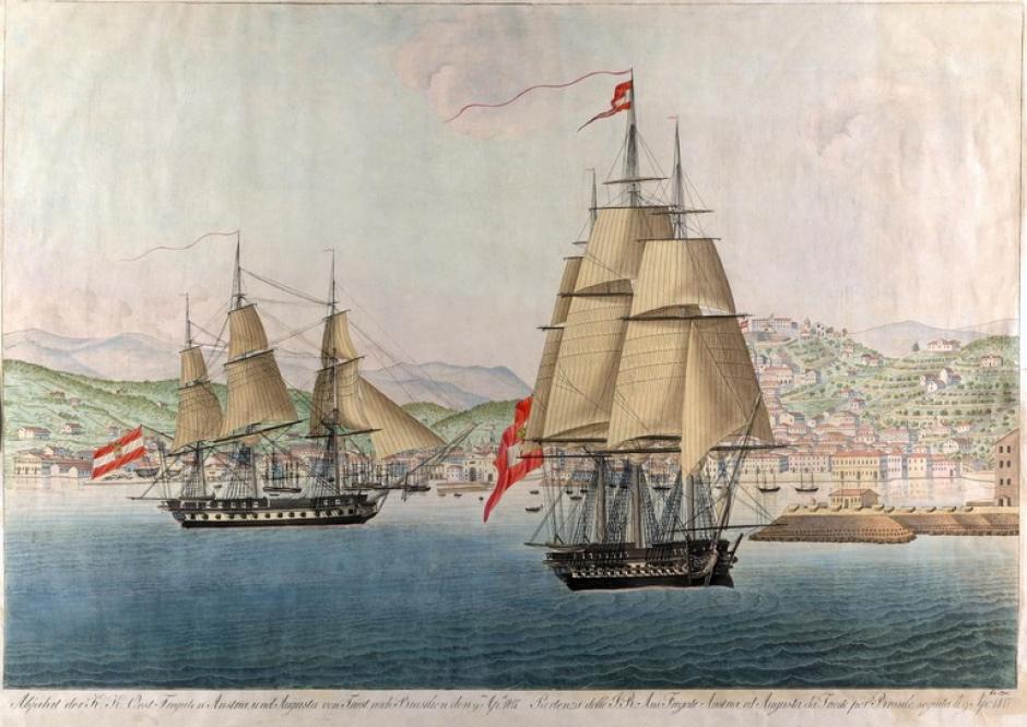 Grabado a color que representa al Austria y al Augusta , los dos barcos que llevaron a María Leopoldina a Brasil. Obra de Giovanni Passi