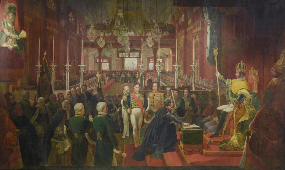 María Leopoldina y su hija mayor, María da Glória, Princesa Imperial (más tarde Reina María II de Portugal ), retratadas en la parte superior izquierdo durante la coronación de Pedro I en la Capilla Imperial