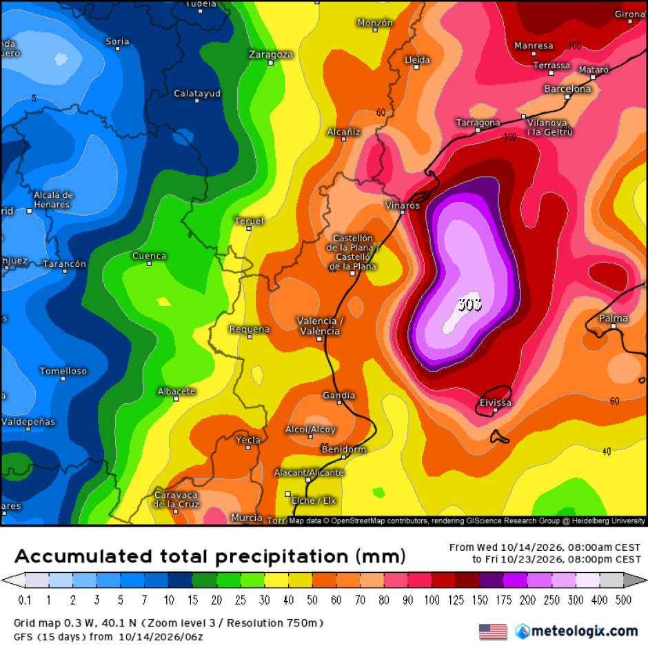 Mapa de previsión de lluvias por el modelo GFS por una dana a partir del 18 de octubre en la Comunidad Valenciana.