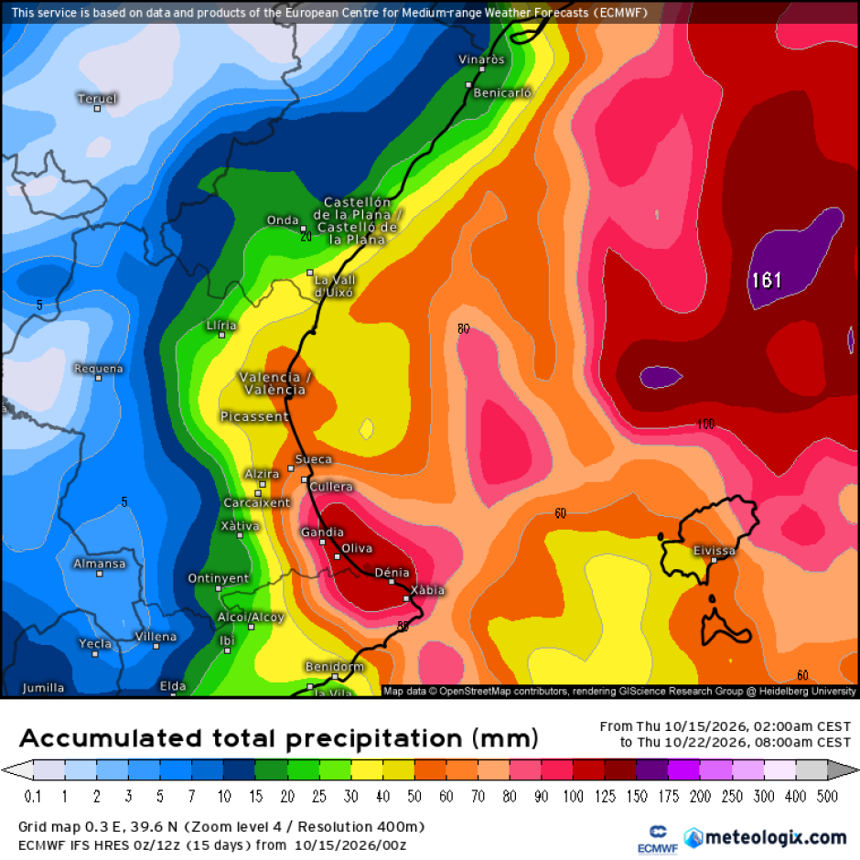 Mapa con la previsión de lluvias por la dana del 17 de octubre en la Comunidad Valenciana.