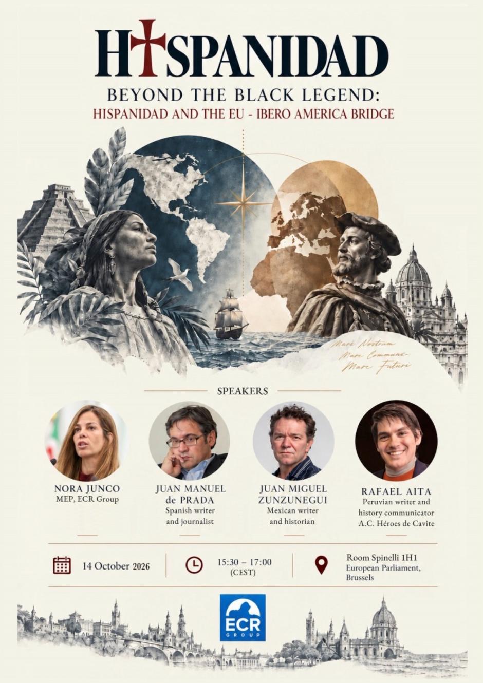 Cartel de la mesa redonda «Más allá de la Leyenda Negra: la Hispanidad y el puente entre la UE e Iberoamérica»
