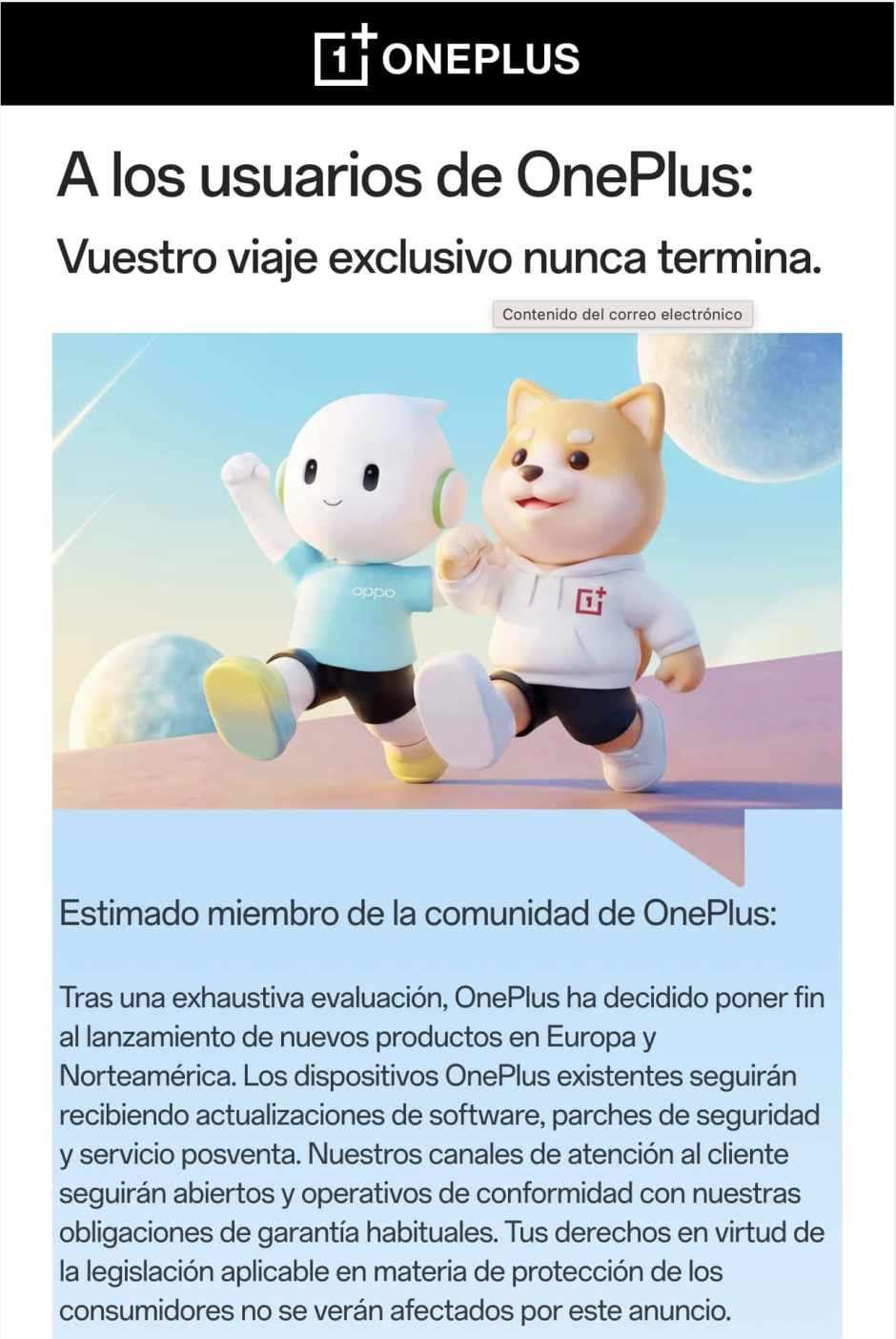 Mail de despedida de OnePlus