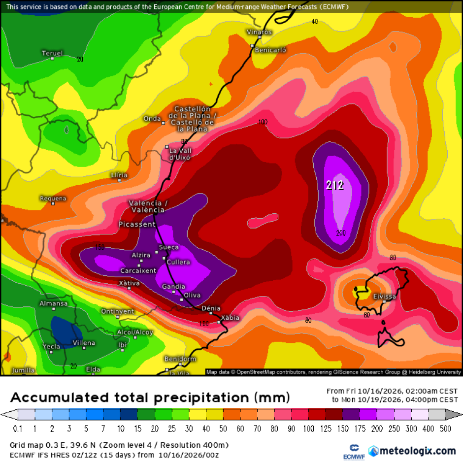 Mapa con la previsión de lluvias por la dana entre el 17 y el 19 de octubre en Valencia, según el modelo europeo ECMWF.