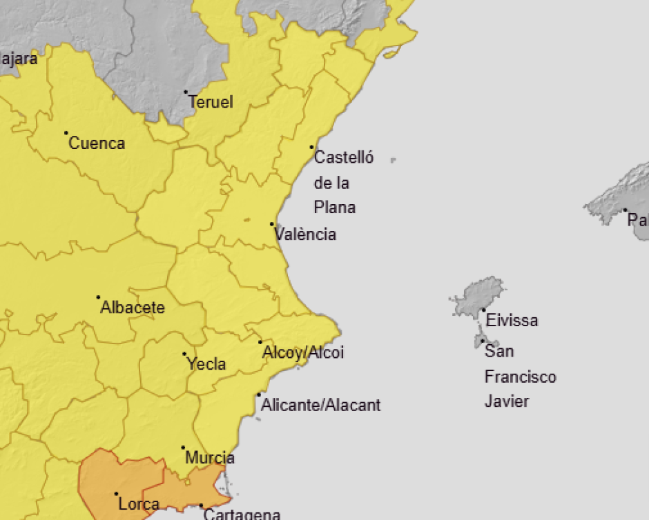 Mapa con los avisos de Aemet por lluvias en la Comunidad Valenciana para este sábado 17 de octubre.