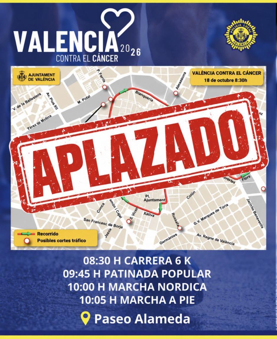 Imagen del cartel que anuncia la suspensión de la carrera Valencia contra el cáncer
