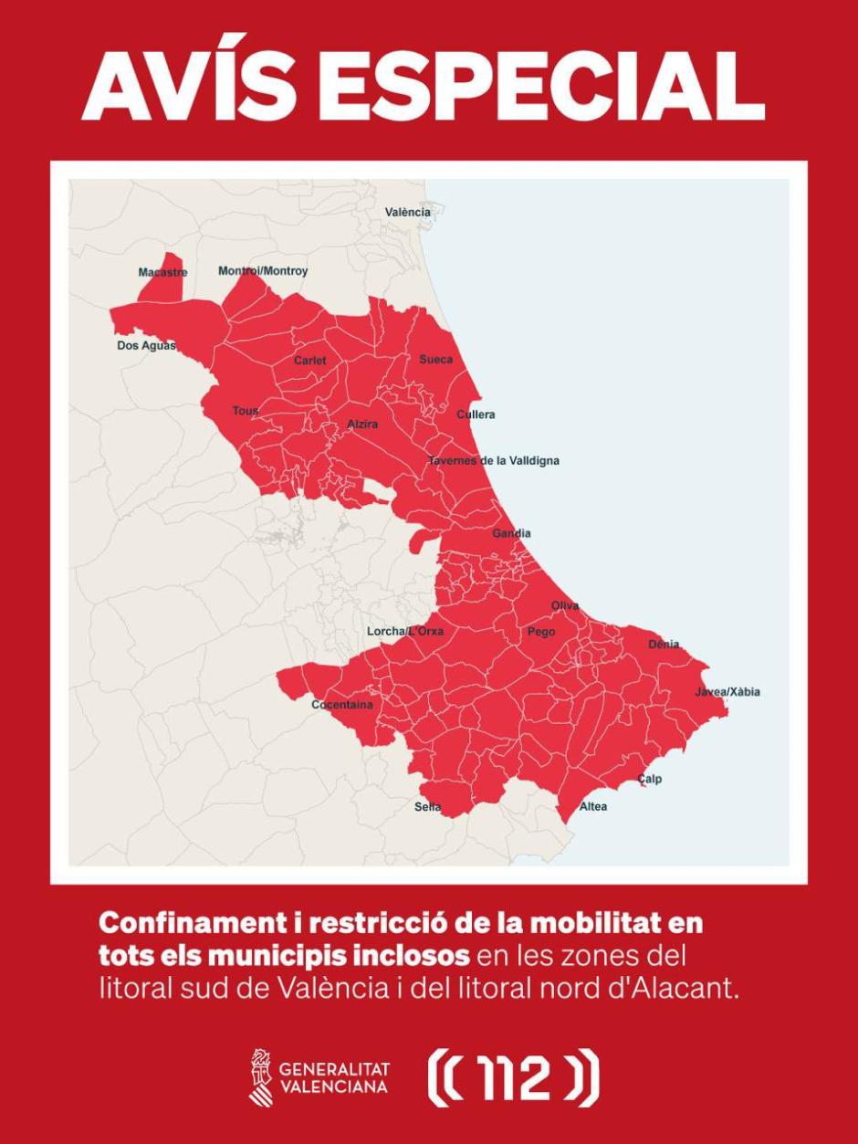 Mapa con los municipios confinados por las inundaciones de la dana Adam en Valencia y Alicante.