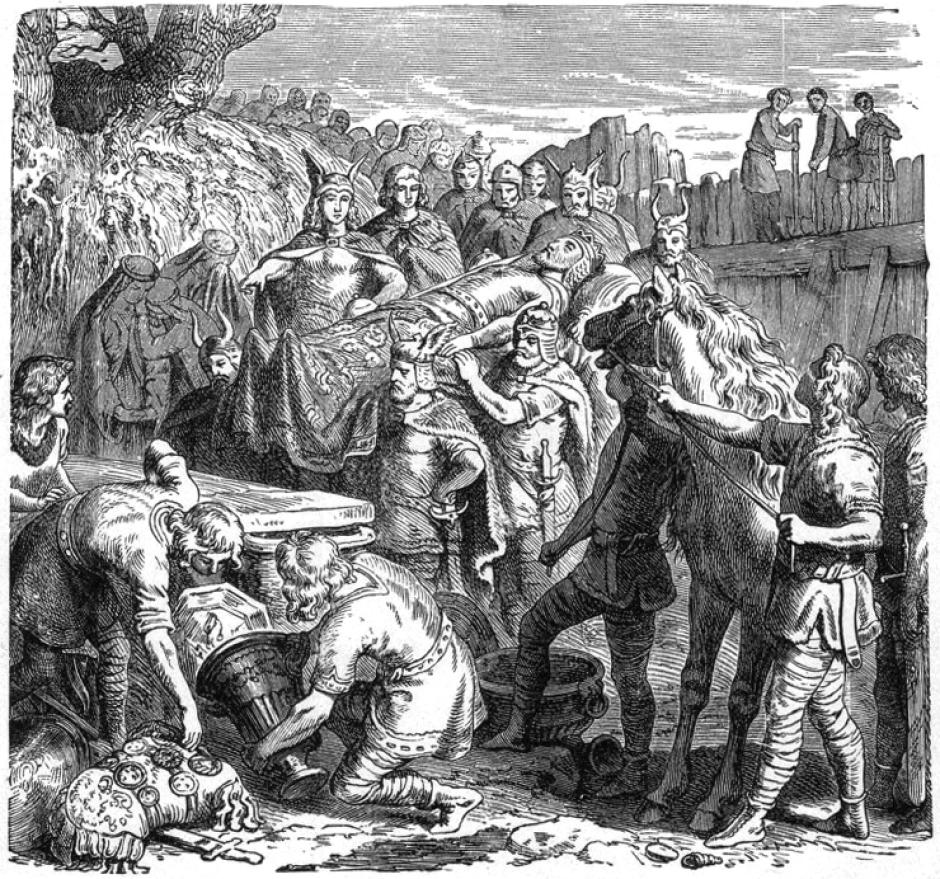 Dibujo que representa a Alarico I siendo enterrado en el lecho del río Busento realizado por Heinrich Leutemann