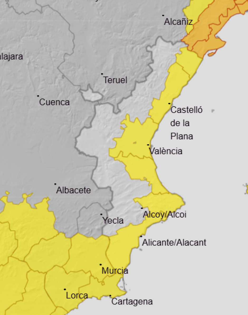 Mapa de avisos de Aemet en la Comunidad Valenciana