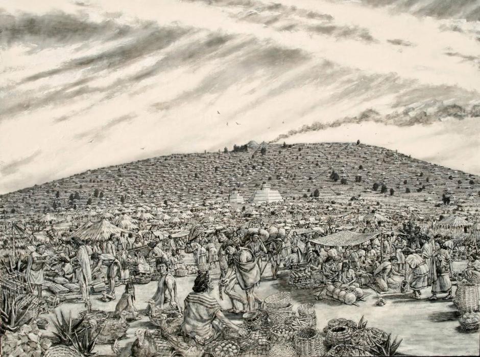 Reconstrucción artística del mercado prehispánico en la antigua ciudad de Calixtlahuaca, al pie del cerro Tenismo