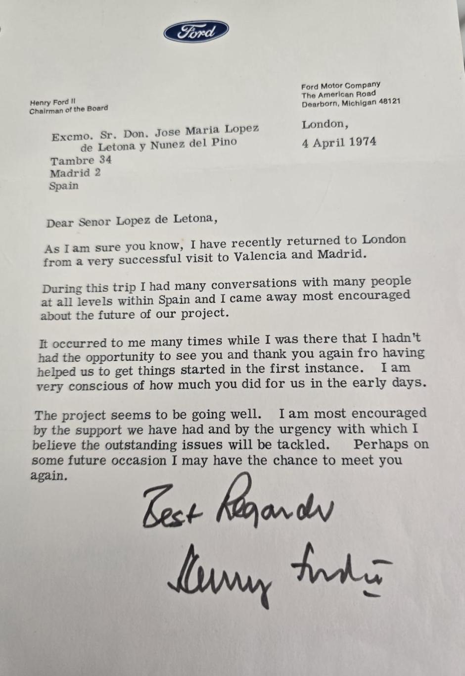 Carta personal de agradecimiento de Henry Ford a José María López de Letona