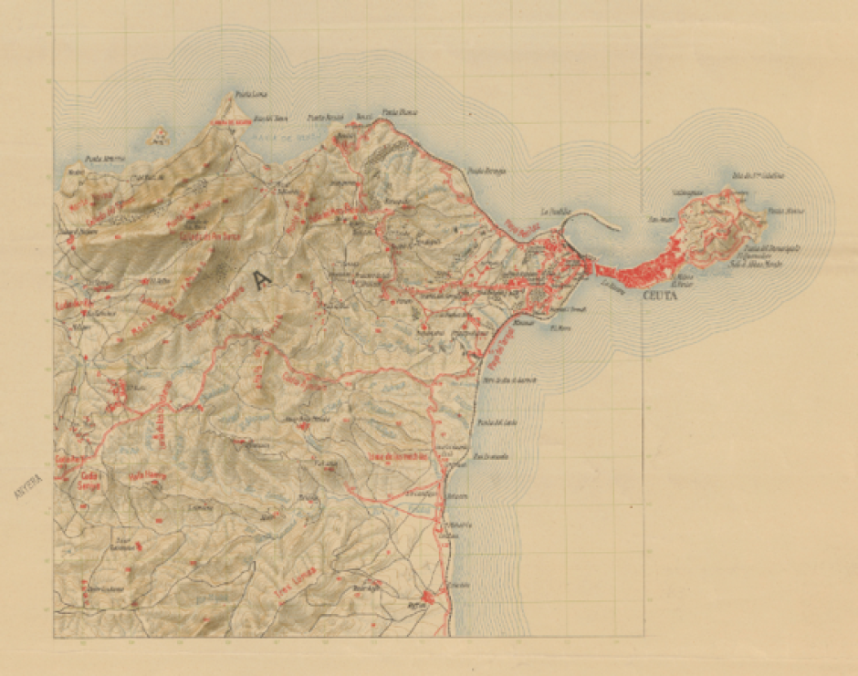 Ceuta, detalle de la hoja “Yebala” (Depósito de la Guerra, 1927)