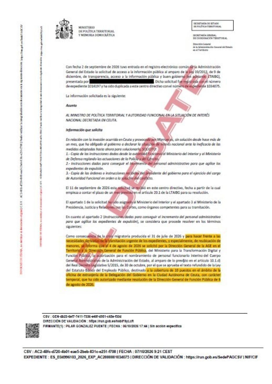 Resolución del Ministerio de Política Territorial del pasado 7 de octubre