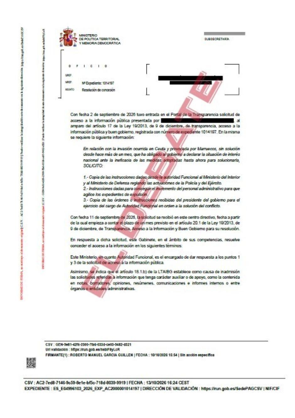 Resolución del Ministerio de Política Territorial del pasado 13 de octubre