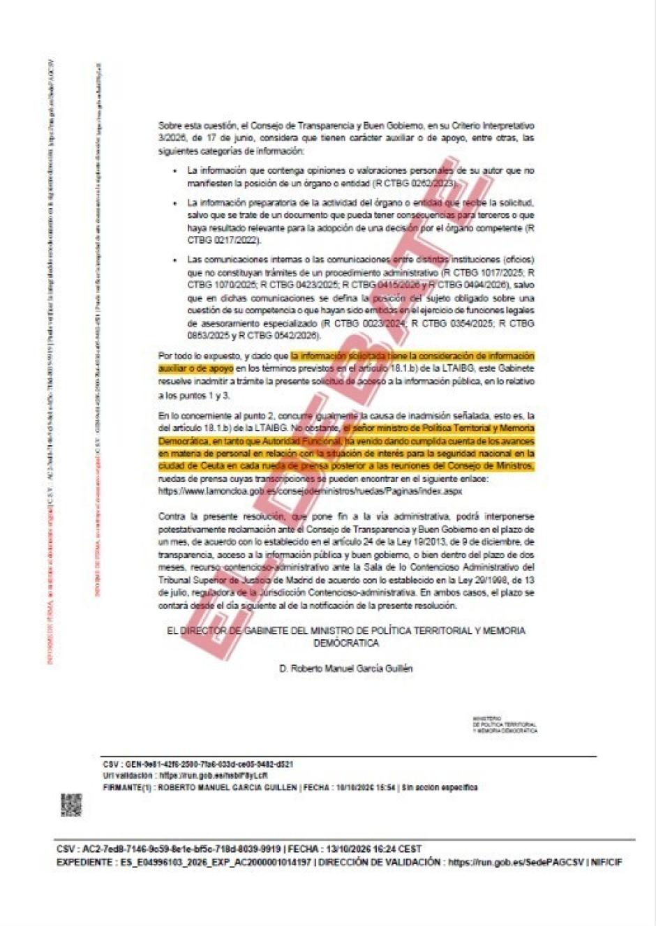 Resolución del Ministerio de Política Territorial del pasado 13 de octubre