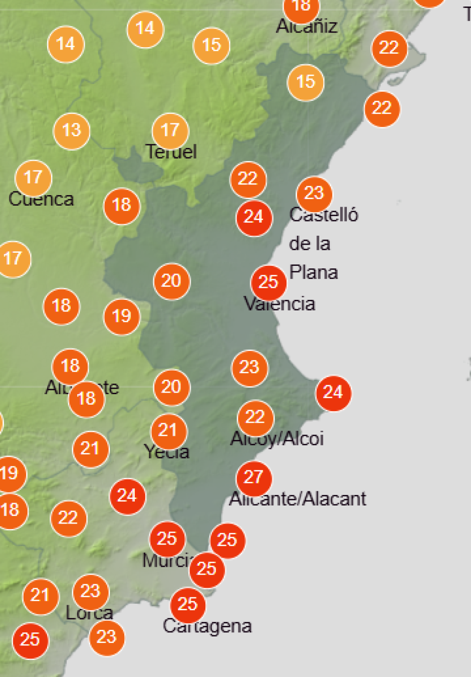 Mapa de Aemet con la previsión de las temperaturas máximas en la Comunidad Valenciana este miércoles 21 de octubre de 2026