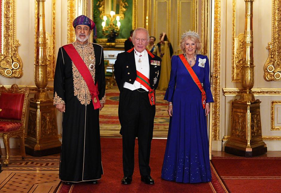 The Sultan of Oman, Sultan Haitham bin Tarik al Said (left) with King Charles III and Queen Camilla, standing for the formal photograph before the state banquet for the Sultan of Oman, Sultan Haitham bin Tarik al Said at Windsor Castle, Berkshire, on day one of his state visit to the UK. Picture date: Tuesday October 20, 2026.