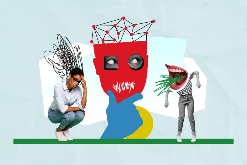 Composite collage image of stressed female worker thoughtful angry hater screaming big mouth freak bizarre unusual fantasy.