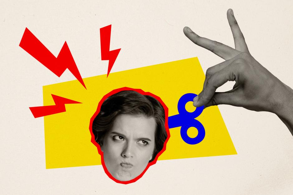 Composite trend artwork sketch image 3D photo collage of mechanical key hold hand finger recharge angry bad mood woman head bodyless.