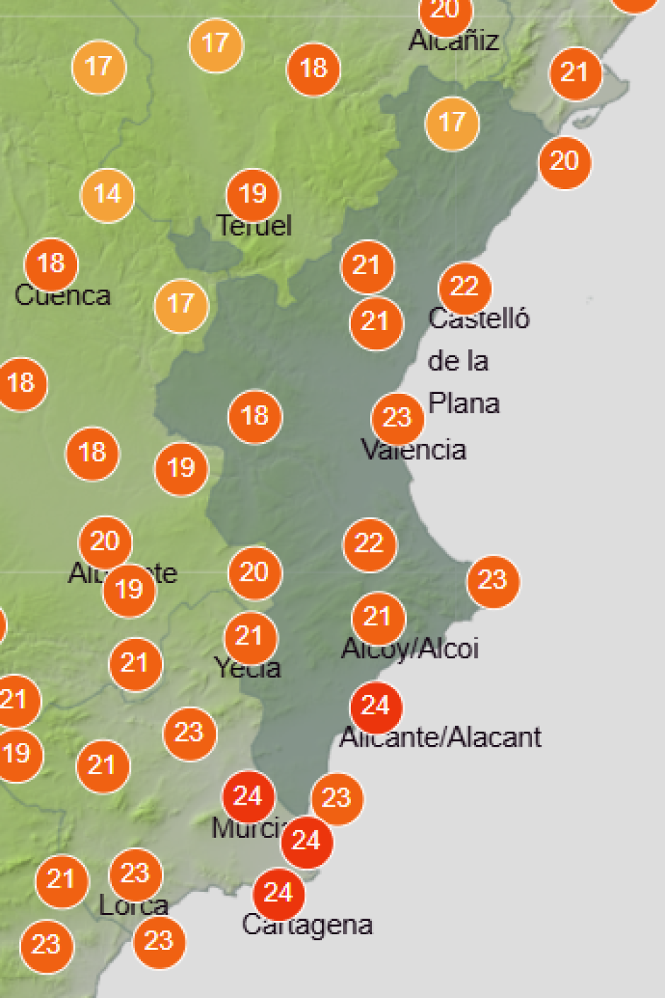 Mapa de Aemet con las temperaturas máximas previstas en la Comunidad Valenciana este jueves 22 de octubre de 2026