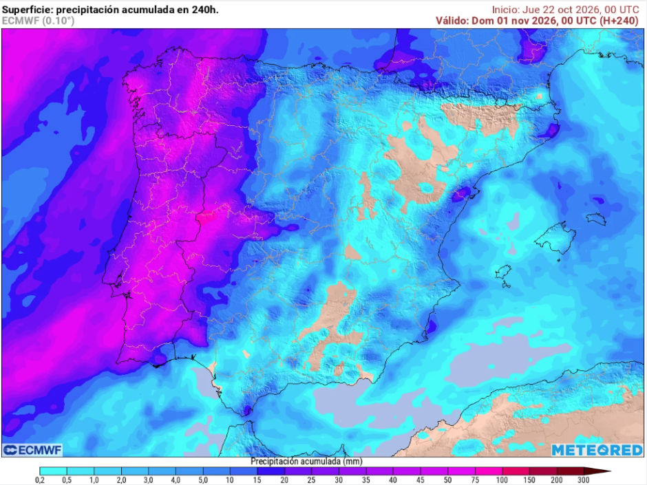 Mapa con las lluvias acumuladas hasta el 4 de noviembre, según el modelo ECMWF.