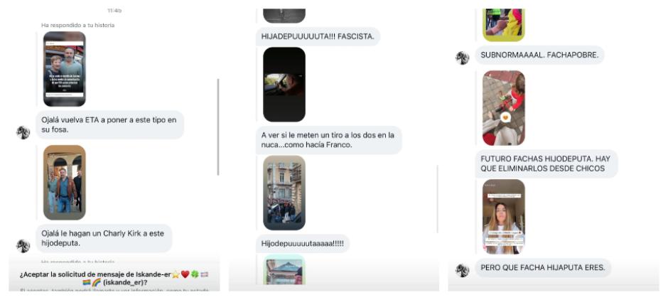Algunas amenazas e insultos que ha recibido Lidia Bedman, mujer de Abascal, en sus redes sociales