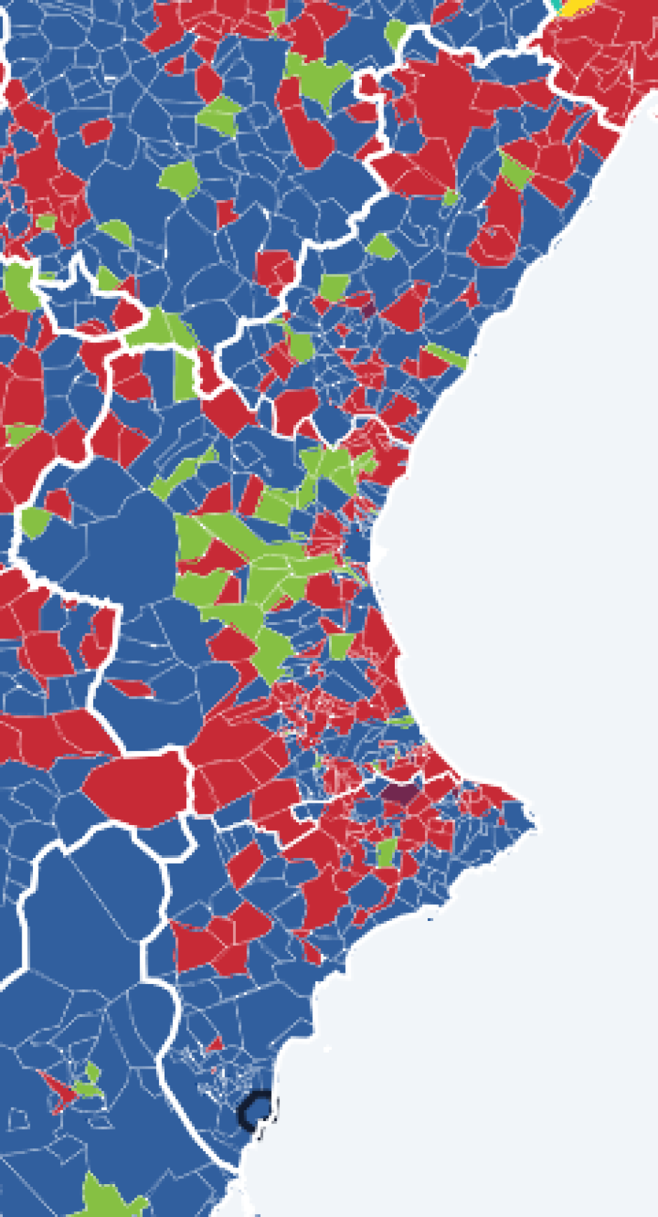 Mapa de la Comunidad Valenciana con los resultados electorales el 29N según el estudio de Electomanía
