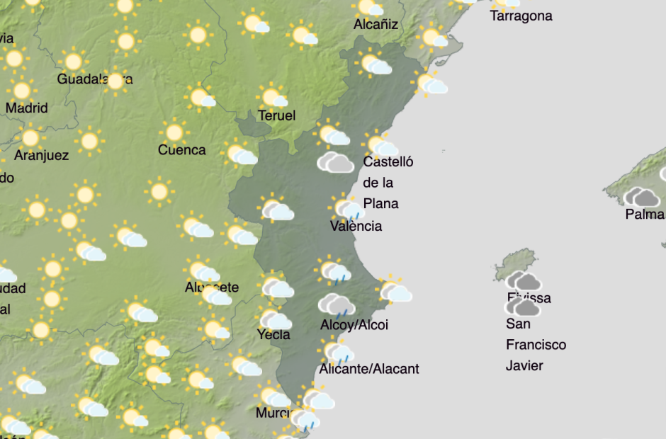 Mapa con la previsión de lluvias en la Comunidad Valenciana para el miércoles 28 de octubre.