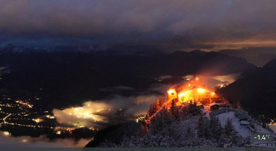 Video grab taken from the webcam of the mountain guesthouse Kehlsteinhaus, known as the Eagle's Nest, formerly Adolf Hitler's mountain retreat, on early October 24, 2026, after a large fire had broken out at the site located at an altitude of 1,834 metres (6,000 feet) in the mountains over Berchtesgaden, in the southern German state of Bavaria. Emergency services arrived on site on late October 23, 2026 and found a large fire. German police said on October 24, 2026 they have detained a suspect following a fire at Adolf Hitler's mountain retreat, known as the Eagle's Nest. (Photo by Berchtesgaden / AFP)
