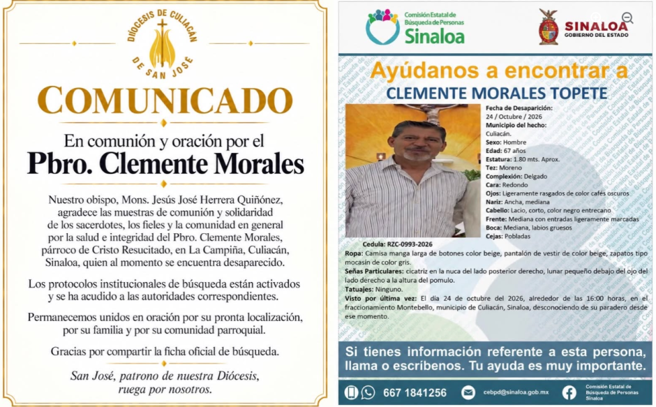 Comunicado de la desaparición del padre Clemente Morales