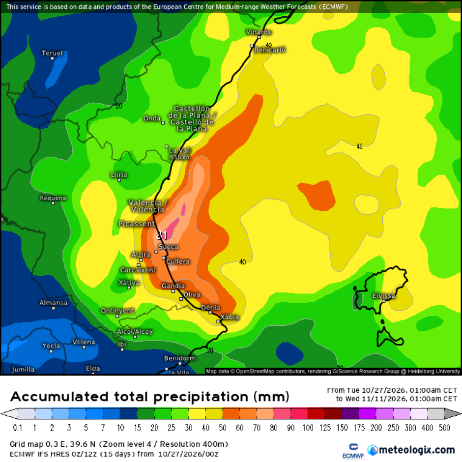 Mapa con la previsión de lluvias acumuladas durante la primera semana de noviembre en la Comunidad Valenciana, según el modelo ECMWF.