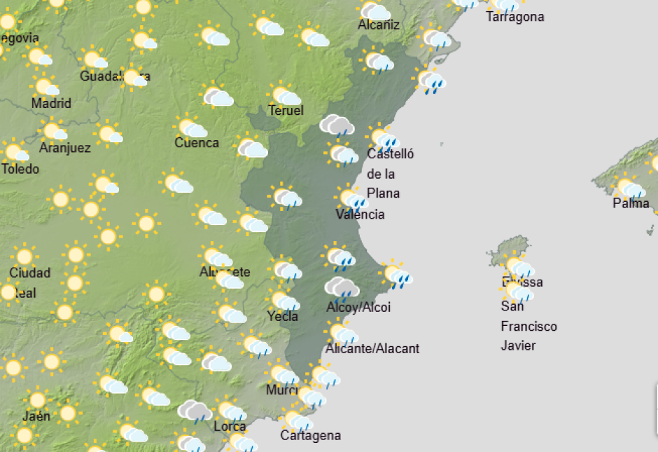 Mapa con la previsión de lluvias para el sábado 31 de octubre en la Comunidad Valenciana.