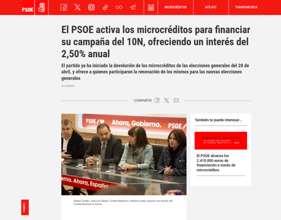 Así pedía el PSOE dinero a través de microcréditos para las generales de noviembre de 2019