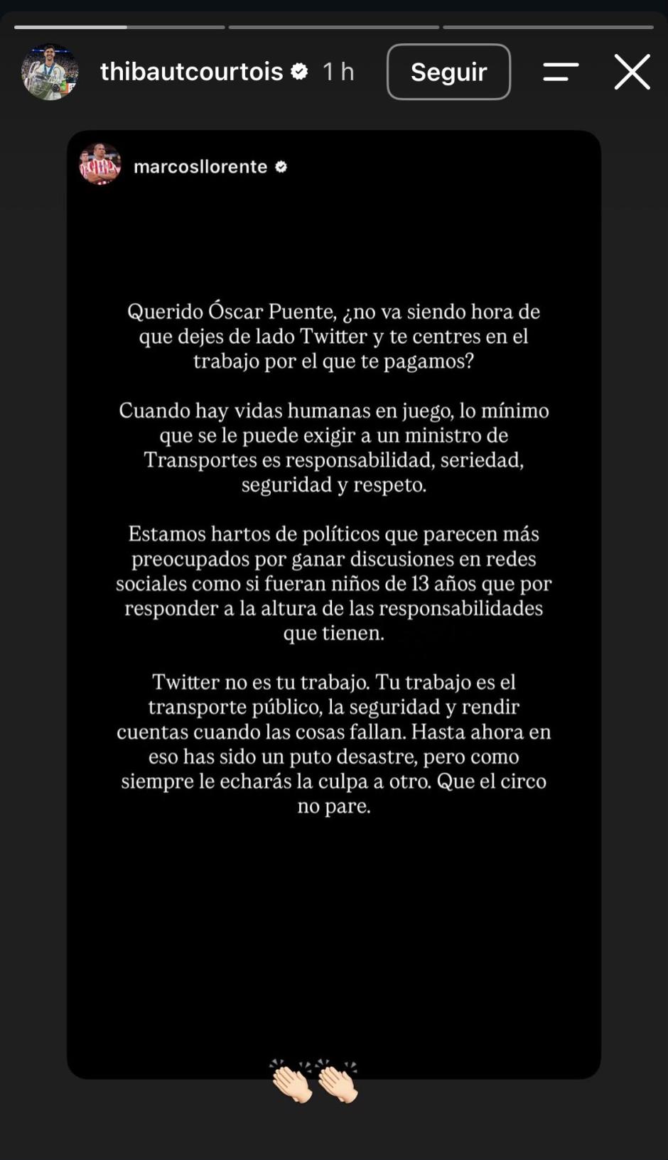 Courtois sube a su Instagram la historia de Llorente con emoticonos de aplausos