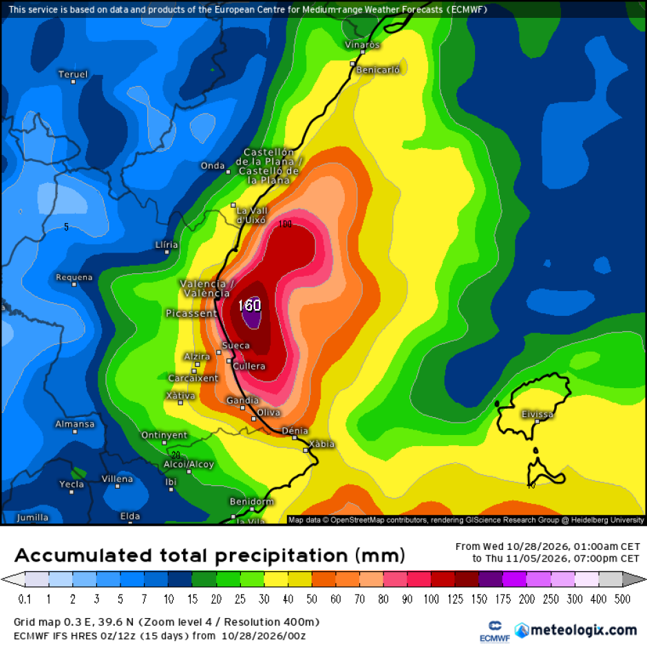 Mapa con la previsión de lluvias hasta el 6 de noviembre de 2026 en la Comunidad Valenciana, según el modelo europeo ECMWF.