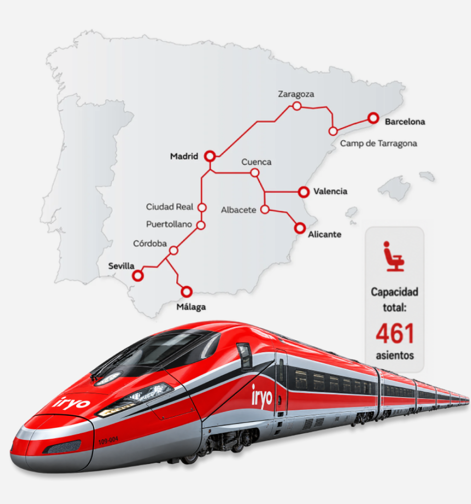 Imagen de un Iryo como el accidentado y las rutas que cubre en España