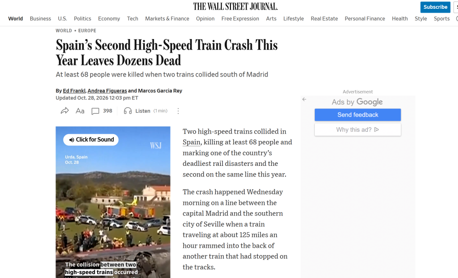Artículo de The Wall Street Journal sobre el accidente de Urda