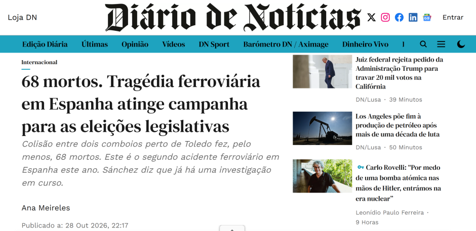 Artículo de Diário de Notícias sobre el accidente de Urda