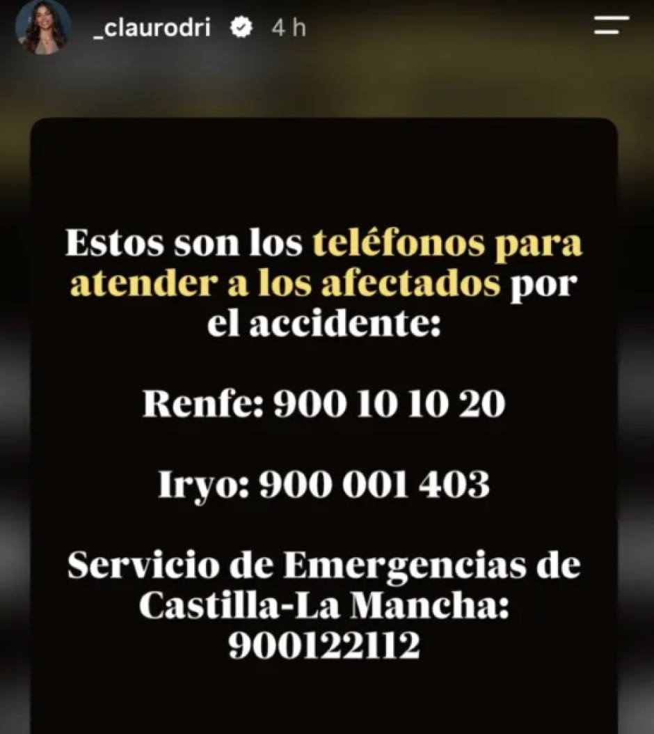 La historia de Claudia Rodríguez en su cuenta de Instagram