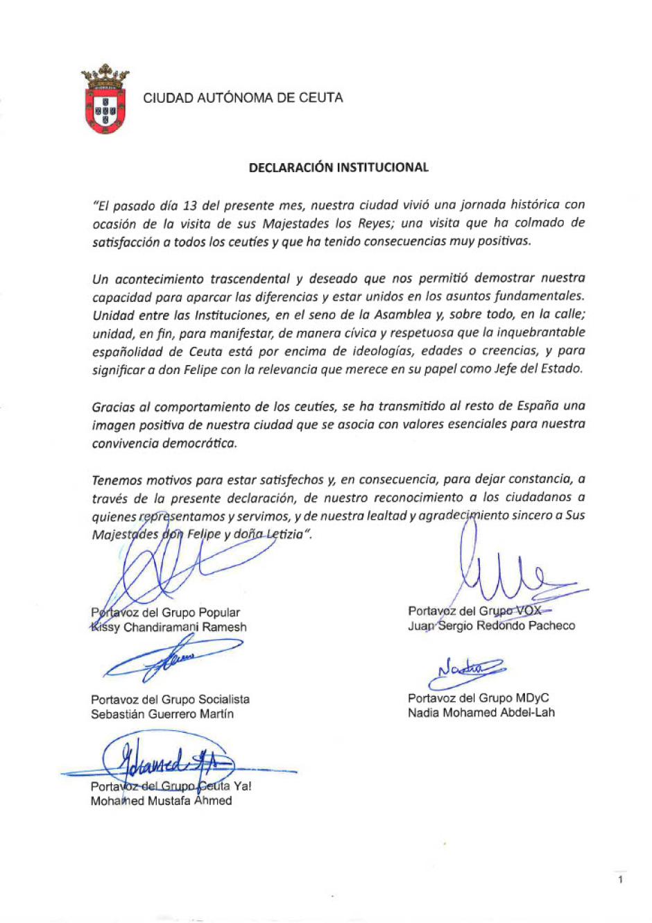 Declaración institucional de la Asamblea de Ceuta