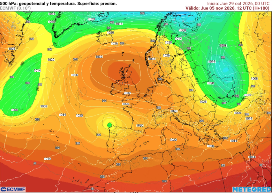 Mapa del modelo ECMWF en el que se estima una dana para el jueves 5 de noviembre.
