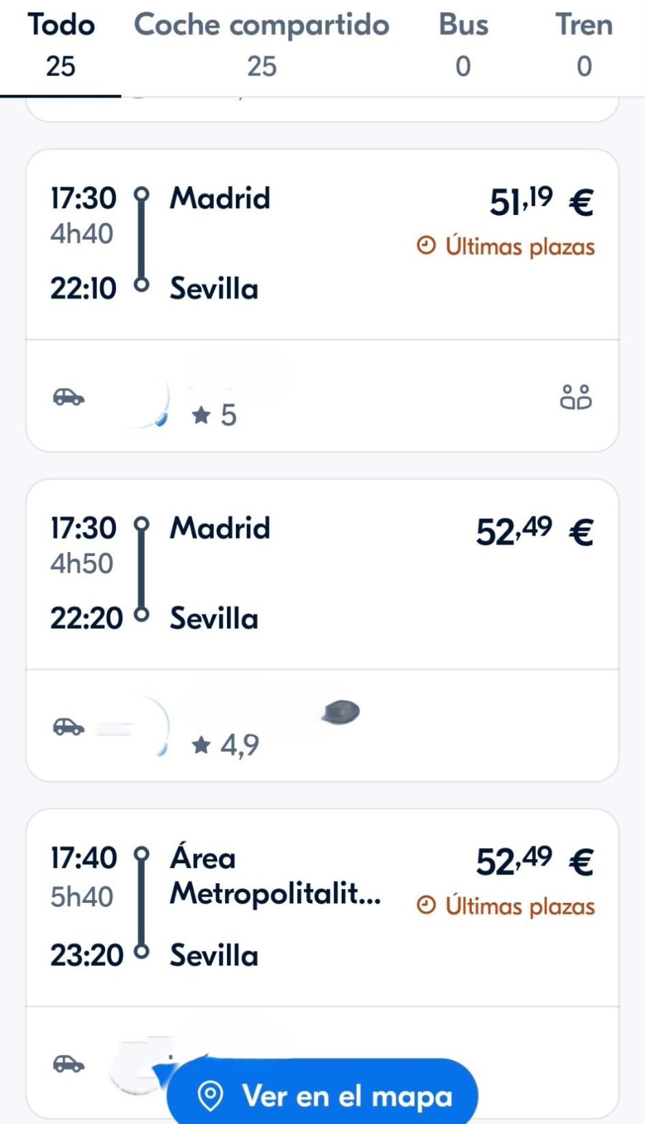 Trayectos en coche entre Madrid y Sevilla