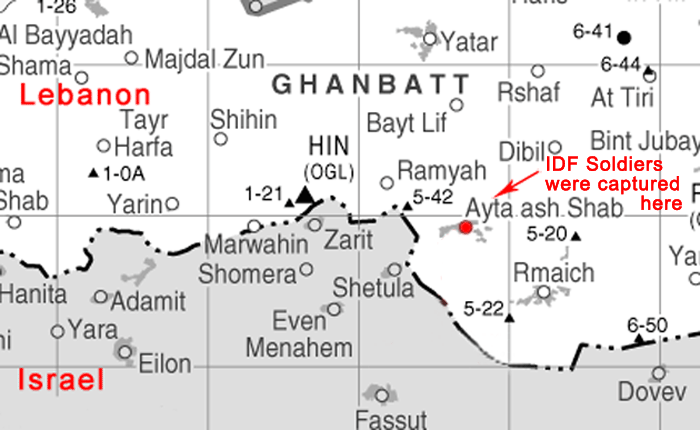 Lugar de captura de los dos soldados israelíes secuestrados según mapas de las Fuerza Provisional de las Naciones Unidas para el Líbano dependiente de la ONU