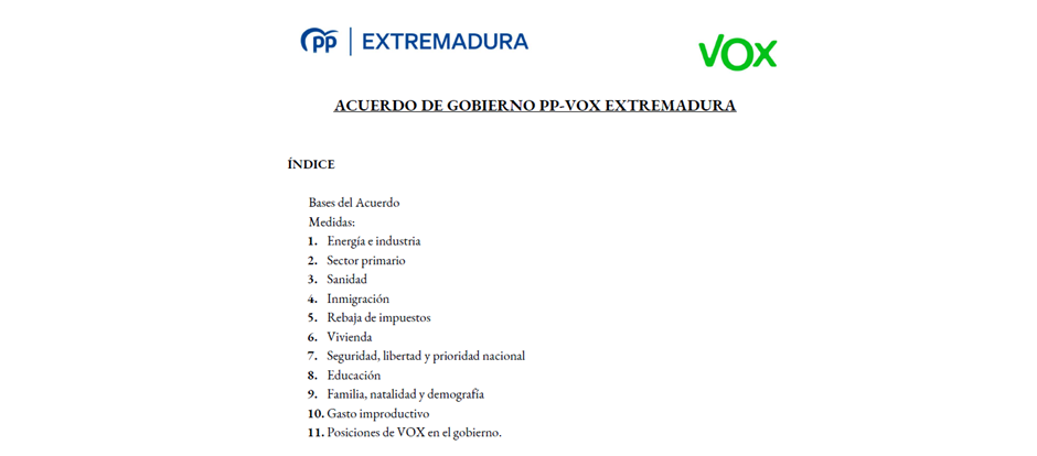 Lea los puntos del acuerdo entre PP y Vox para un gobierno en Extremadura