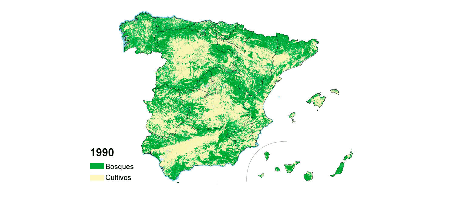 Superficie forestal de España. Fuente: CORINE Land Cover 1990 y 2018 (IGN).