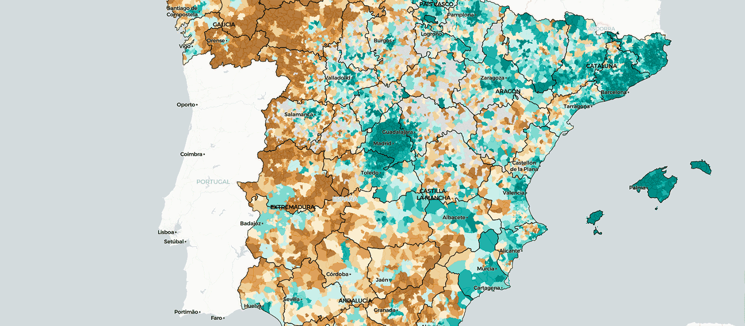 Mapa de la fuente de la renta de los hogares en España, por municipios